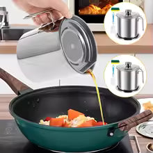 2/1.5L Oil Filter Fry Basket Oil Storage Can Pot Stainless Steel Oil Strainer Pot with Fine Mesh Strainer Grease Container Kitch