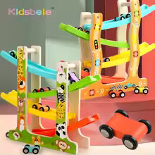 Kids Four-layer Wooden Gliders Montessori Inertia Track Car Toys Animal And Traffic Theme Early Educational Toys Birthday Gifts